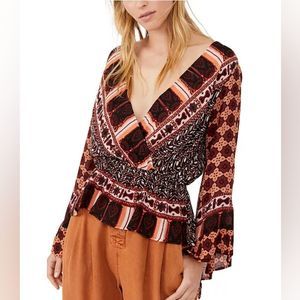 Free People Rosalie Brown Floral Paisley Long Sleeve Pullover Top, sz L EUC
